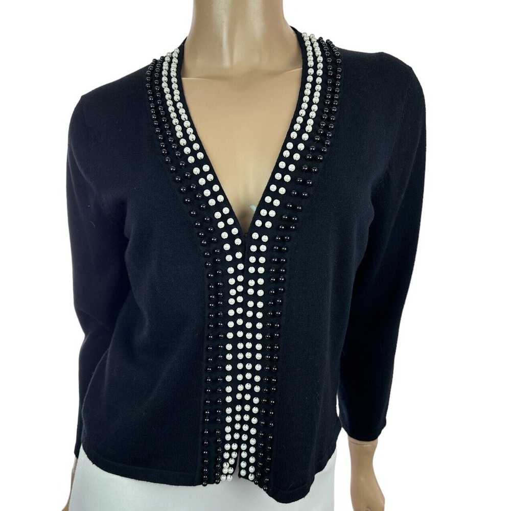 Spense Size M Black Crop Cardigan Sweater 3/4 Sleeve White Bead Trim Rayon/Poly